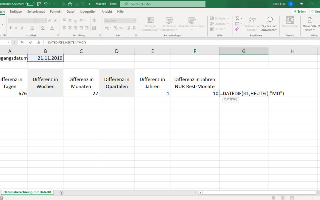 Datumsdifferenzen mit DateDif-Funktion in MS Excel ermitteln