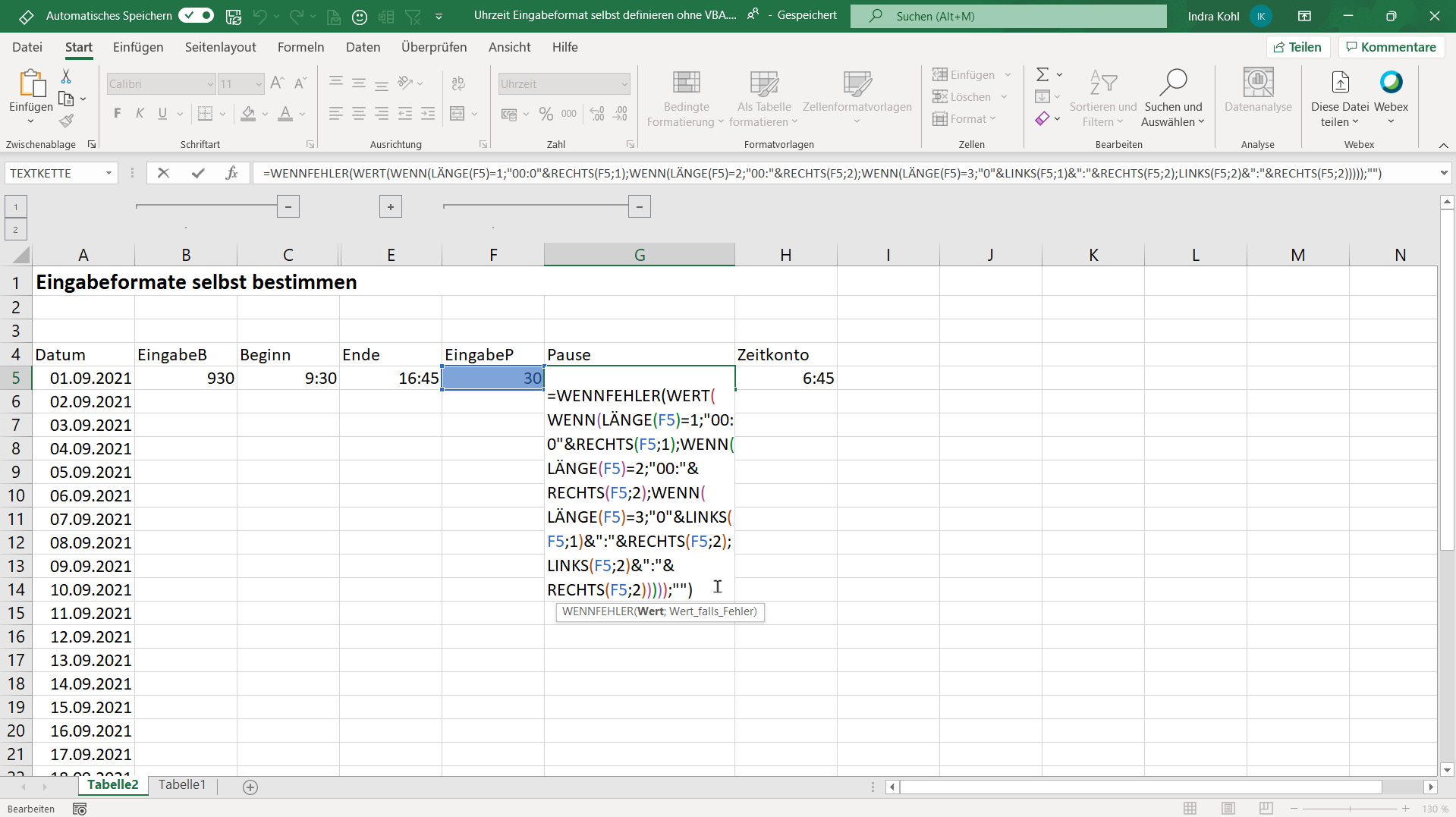 Excel-Uhrzeit Eingabeformat selbst definieren ohne VBA