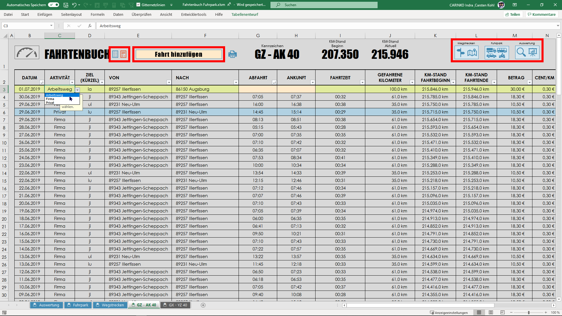 Fahrtenbuch Vorlage MS Excel: Für ein Fahrzeug oder den gesamten Fuhrpark