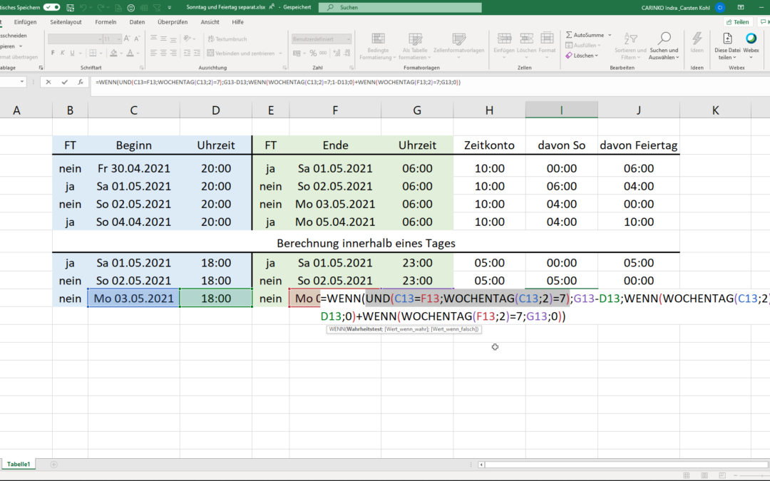 Zeitberechnung Nachtschichtzuschlag Sonntag und Feiertag separat
